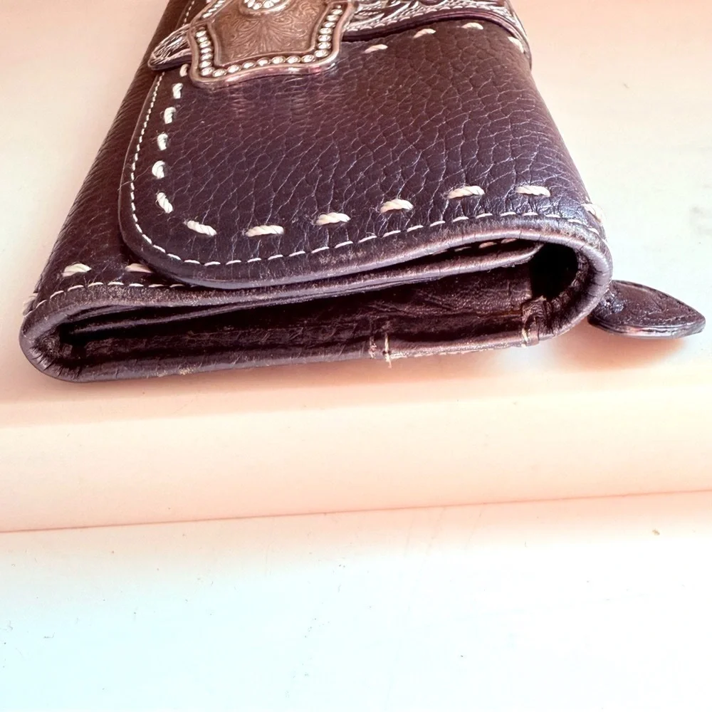 Brighton Leather Tooled Beaded Snap Wallet Organizer Crossbody Bag